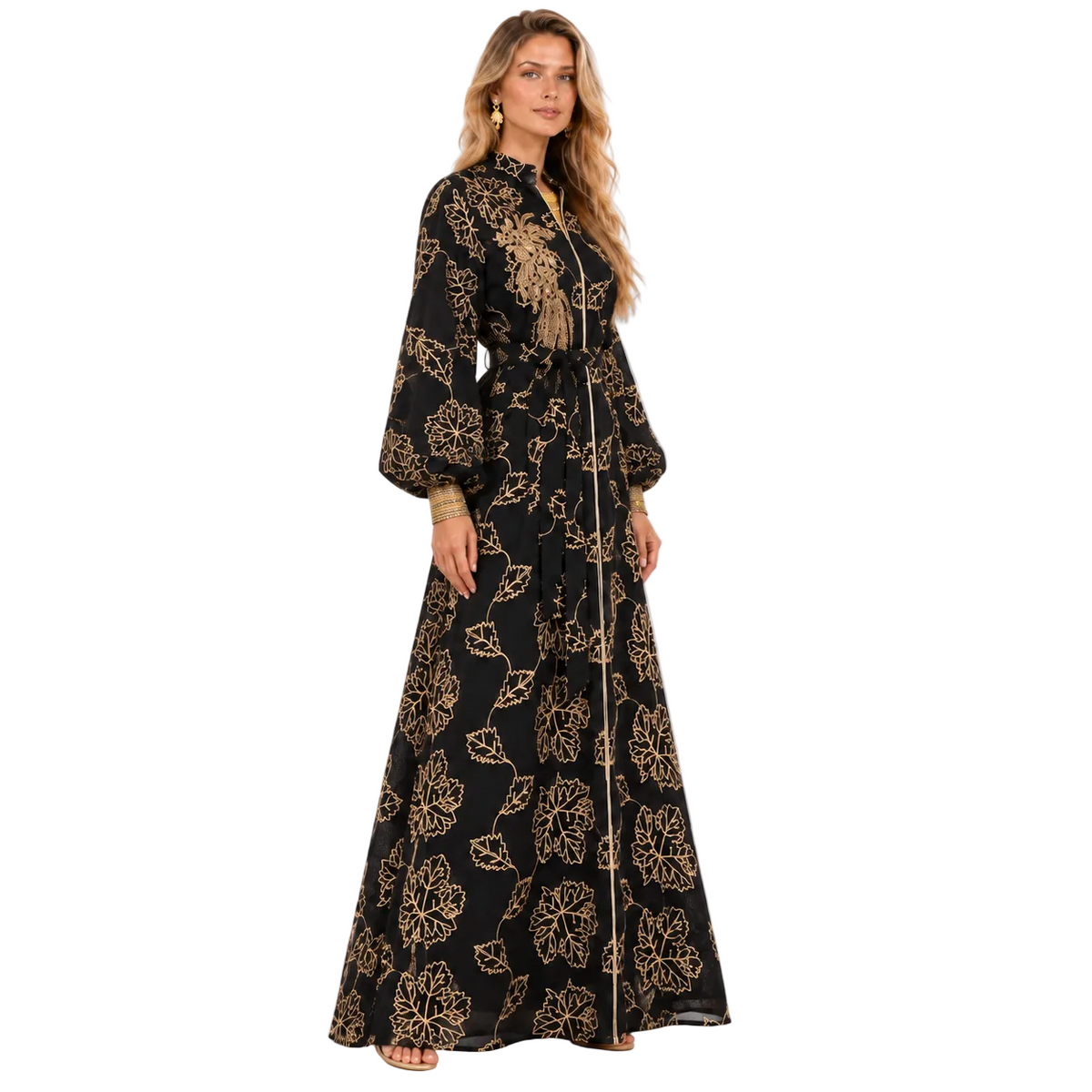 Black Gold Floral Embroidered Gamis Kaftan-3