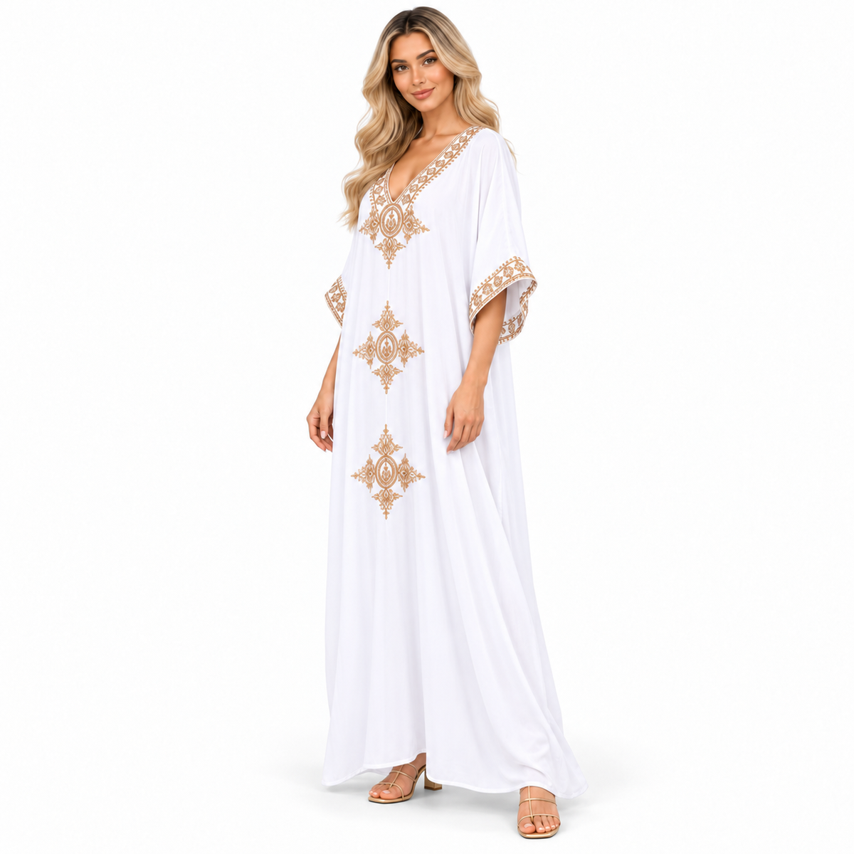Elegant White Gold Embroidery Modern Kaftan-2