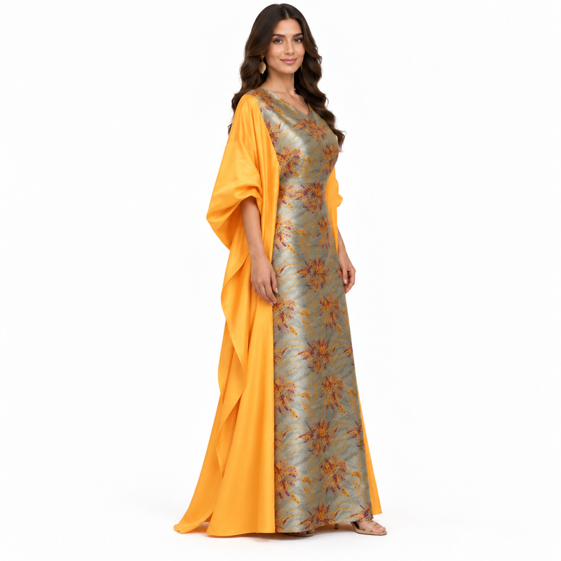 Yellow Floral Brocade Satin Kaftan Dress-3