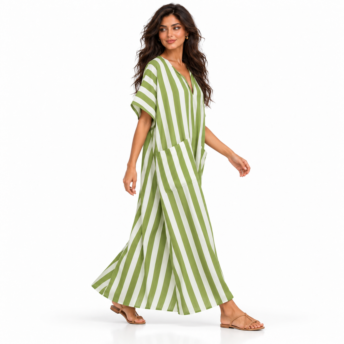 Olive Green Striped Linen Kaftan Dress-2