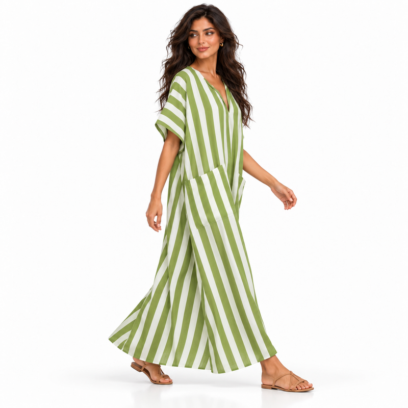 Olive Green Striped Linen Kaftan Dress-2
