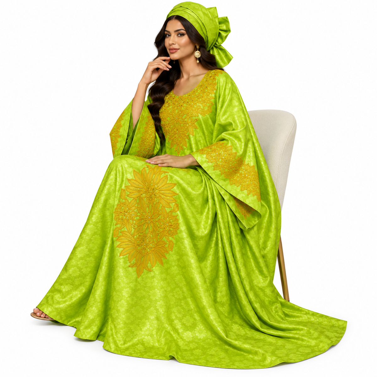 Lime Gold Embroidered Luxury Kaftan-2