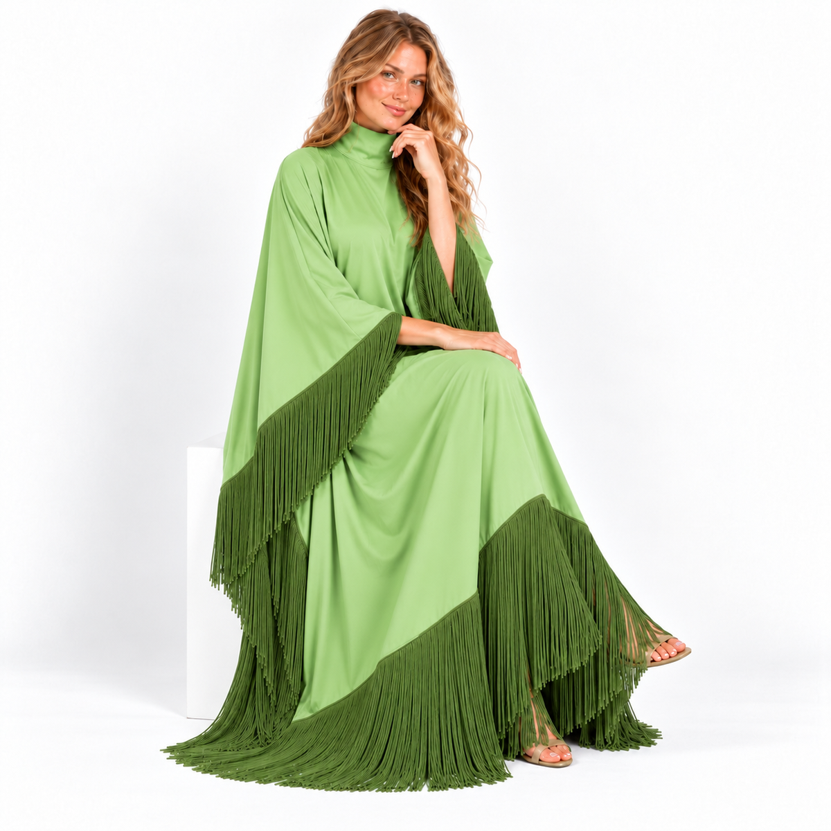 Light Green Elegant Fringe Detail Kaftan-2
