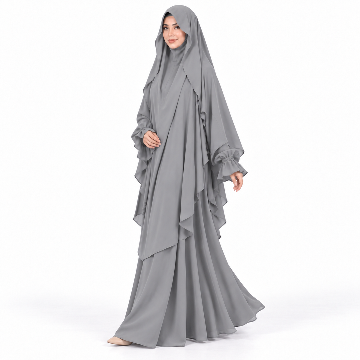 Elegant Grey Flowing Layered Women's Khimar-2