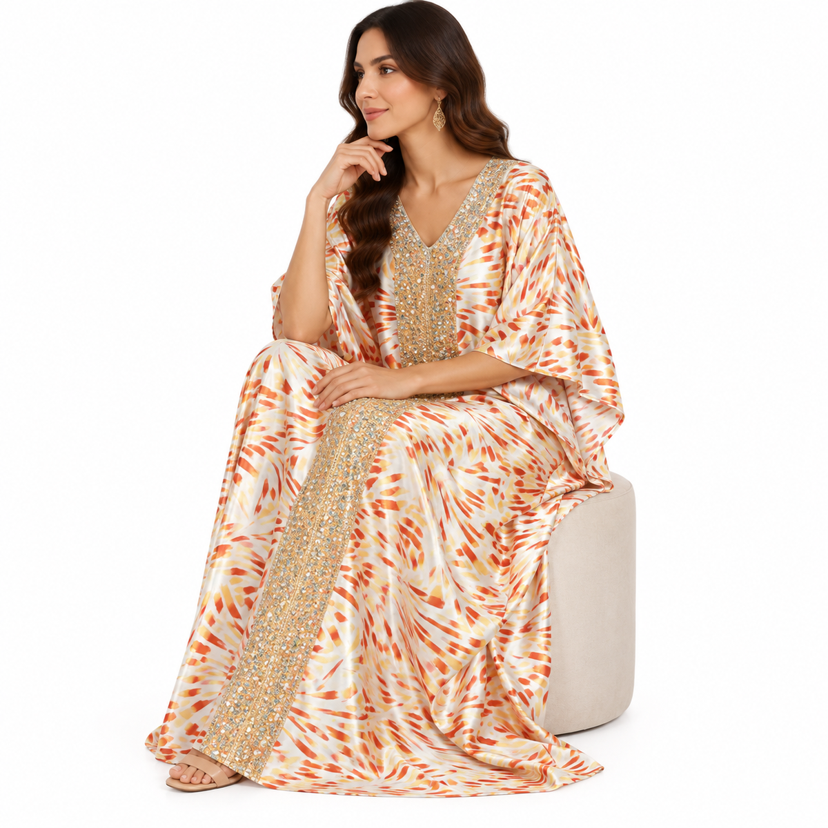 Champagne Orange Embellished Satin Flowing Kaftan-3