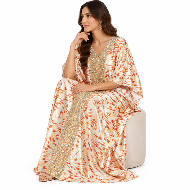 Champagne Orange Embellished Satin Flowing Kaftan-3