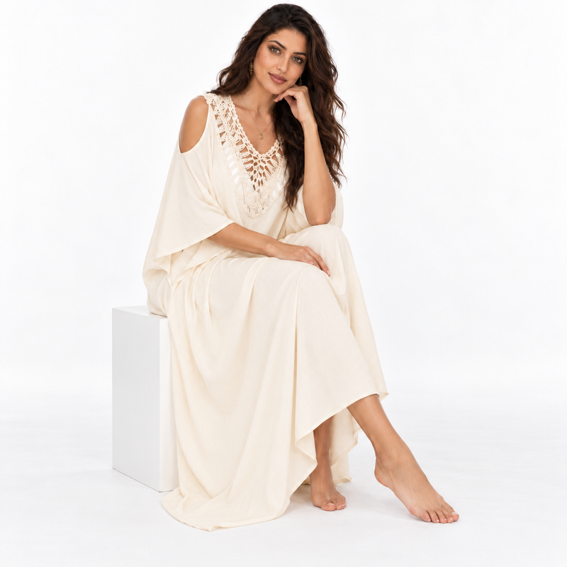 Beige Crochet Cold Shoulder Women’s Kaftan-2