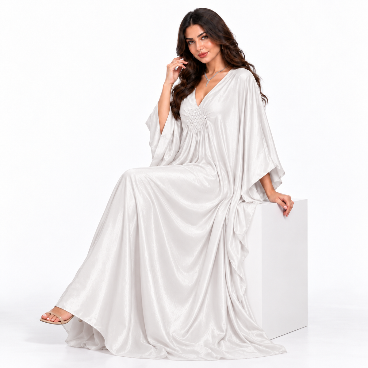 Elegant White Satin Batwing Sleeve Kaftan-3