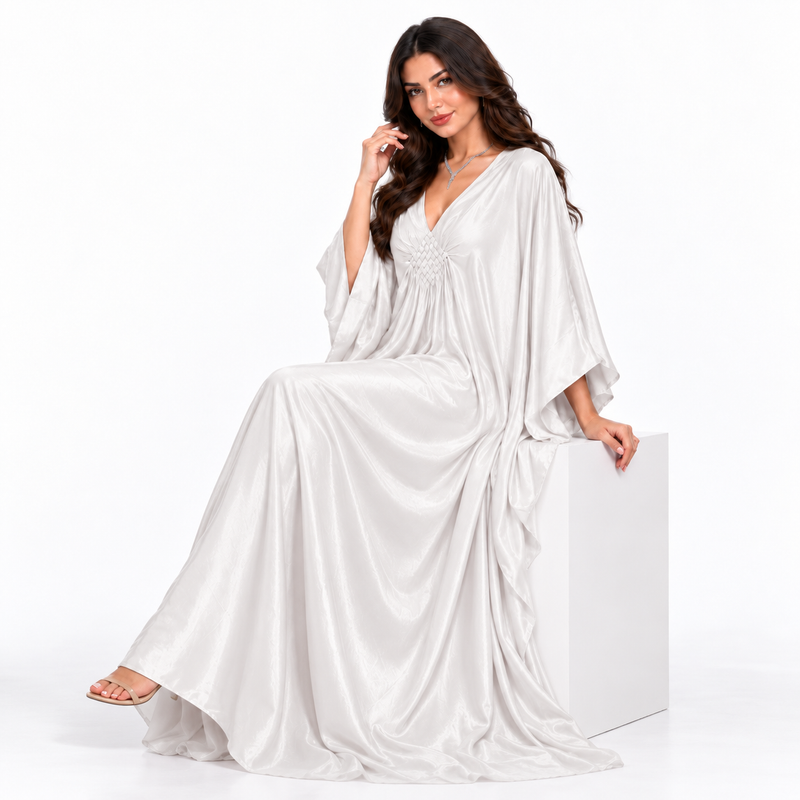 Elegant White Satin Batwing Sleeve Kaftan-3
