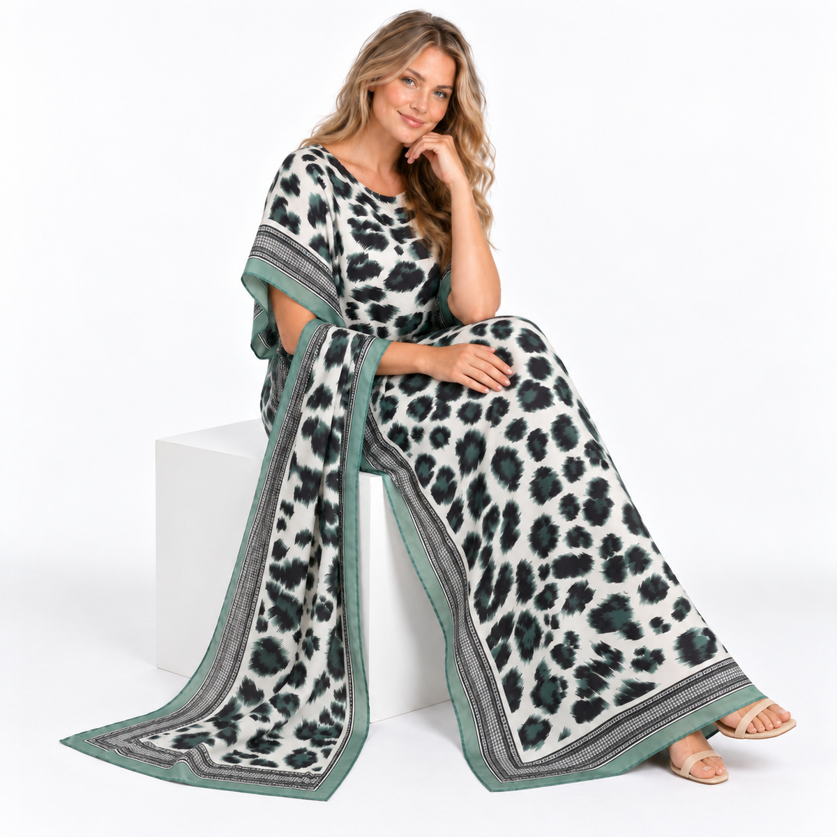 Light Green Leopard Silk Satin Kaftan-2