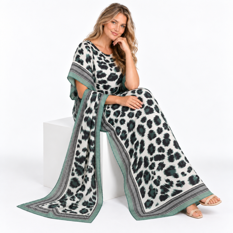 Light Green Leopard Silk Satin Kaftan-2