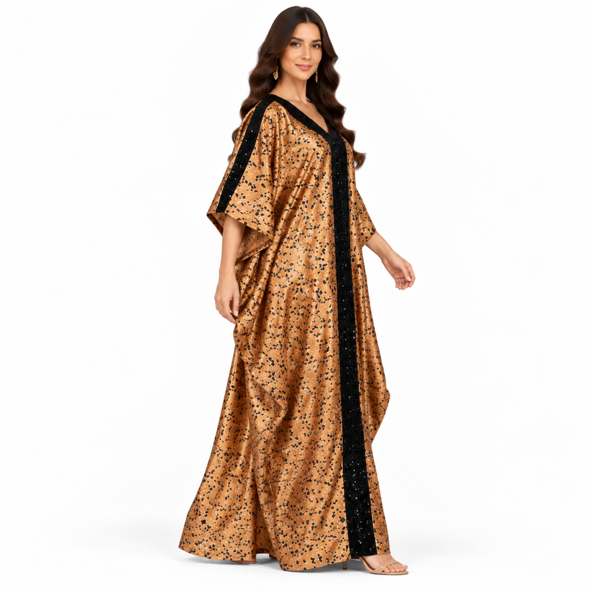 Brown Black Printed Satin Baju Kaftan
