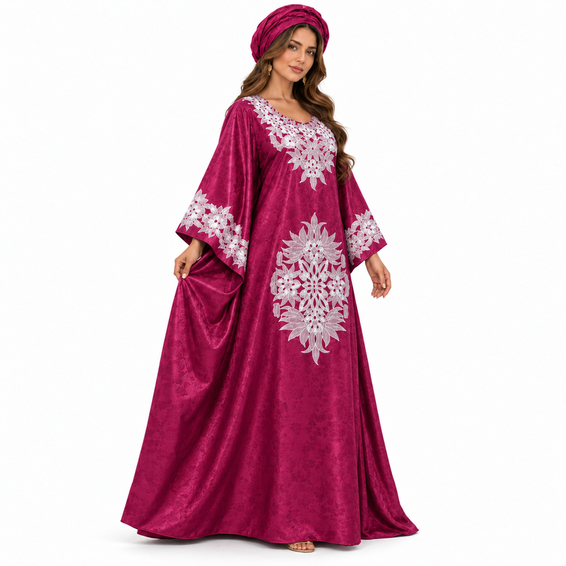 Mehroon Embroidered Moroccan Satin Kaftan Dress-3