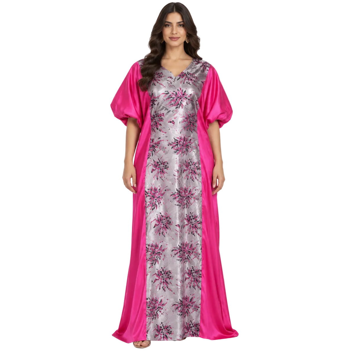 Fuchsia Silver Floral Satin Luxury Kaftan-1