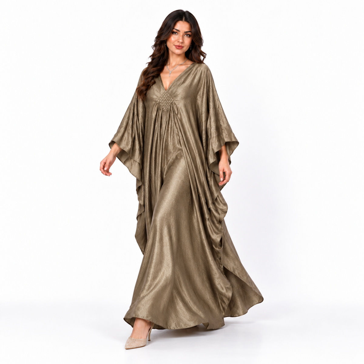 Elegant Silver Grey Satin Batwing Kaftan-3