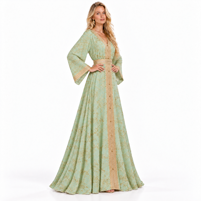 Mint Green Gold Embroidered Gamis Kaftan-2