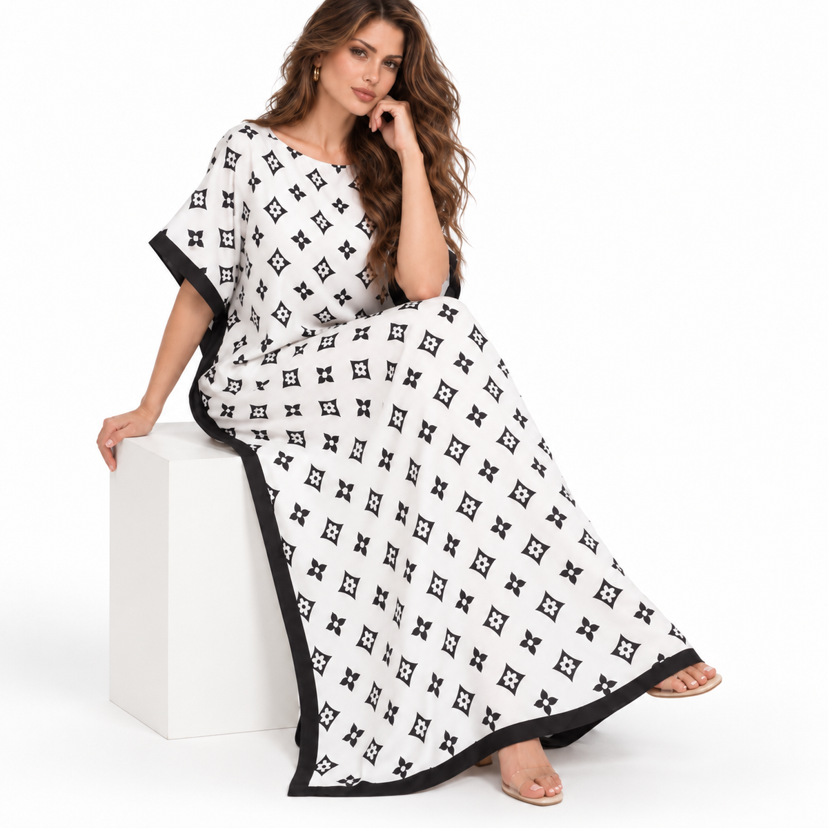 White Monogram Stole Elegant Kaftan Dress