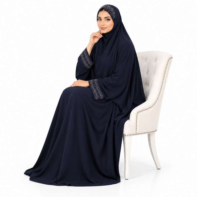 Elegant Navy Blue Embellished Modest Jilbab-3