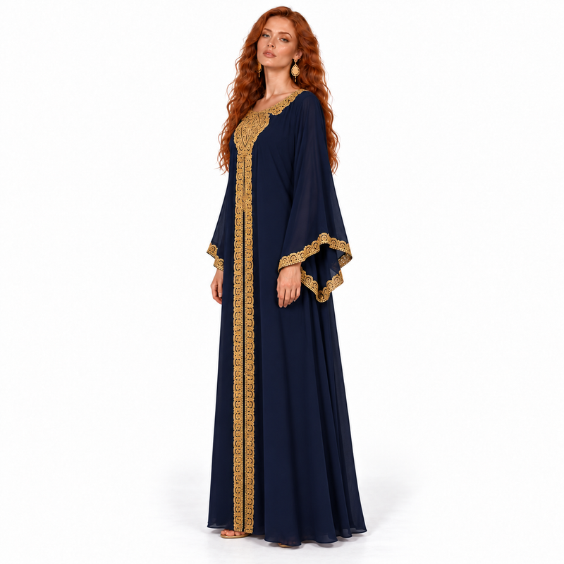 Navy Gold Embroidered Luxury Lebaran Kaftan-3