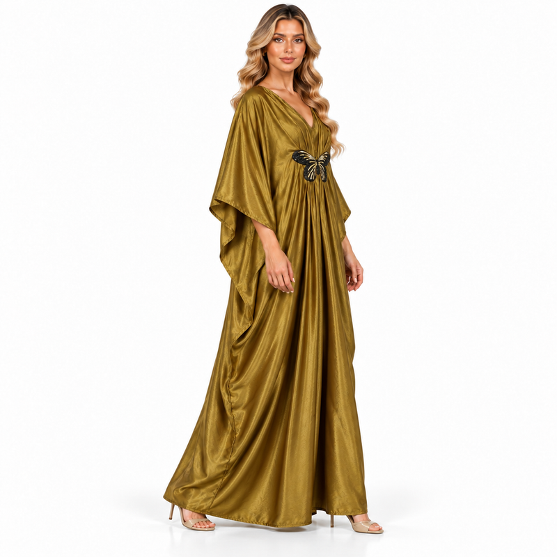 Modern Kaftan Golden Butterfly Satin Dress-3