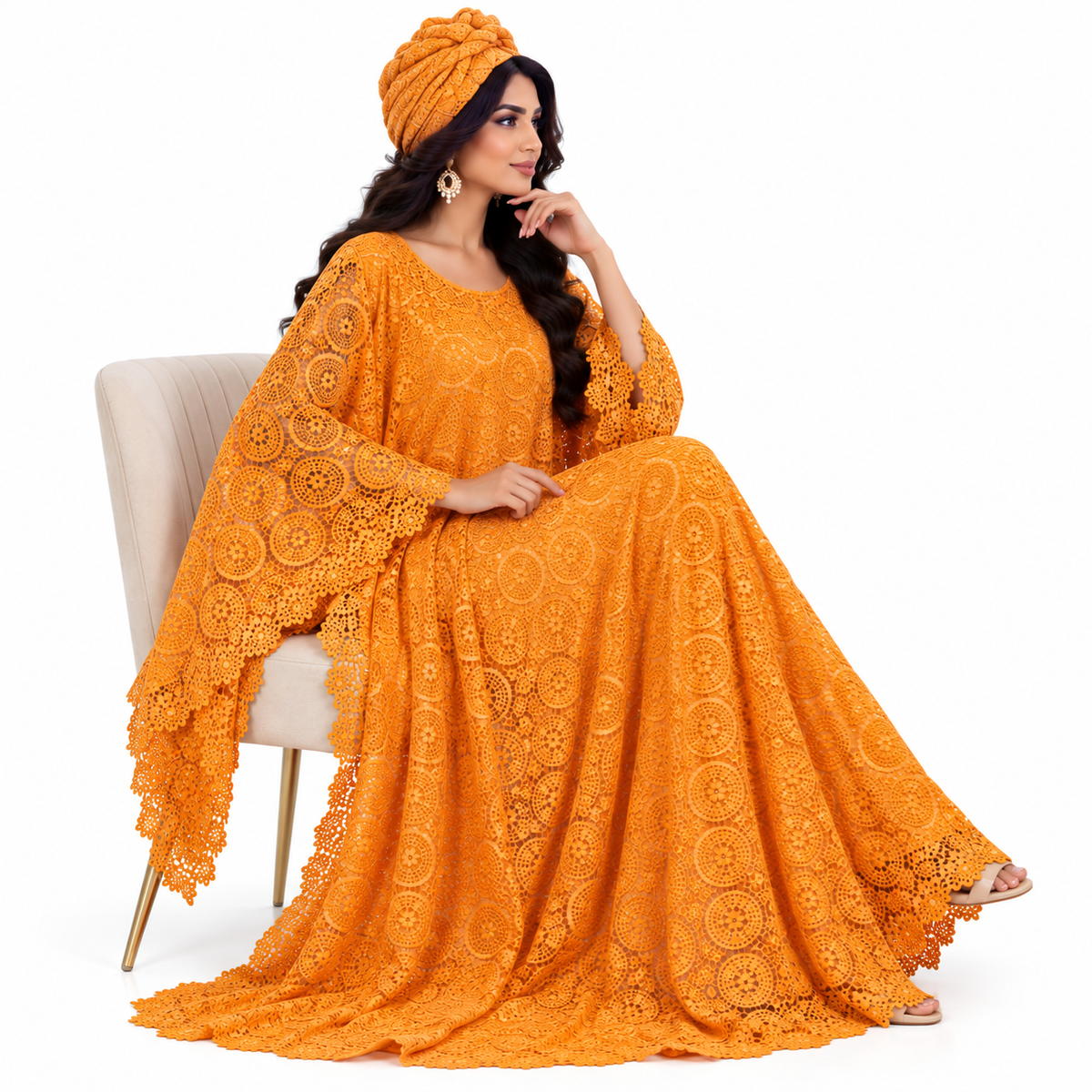 Golden Orange Lace Baju Kaftan Dress