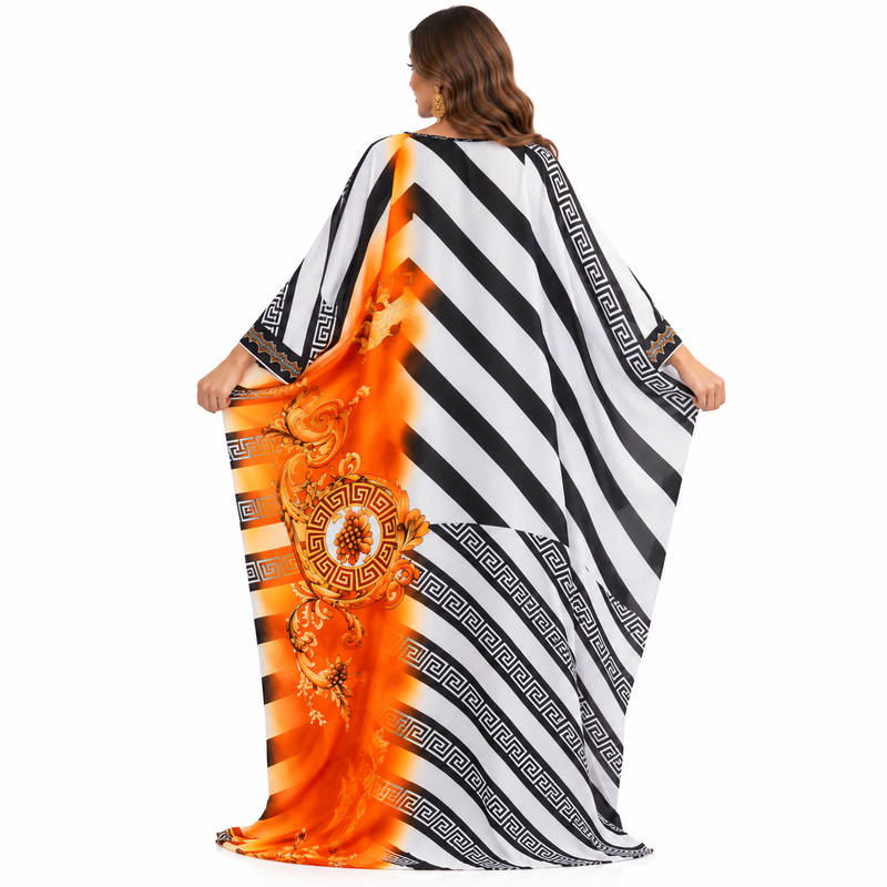 Orange Baroque Geometric Flowing Kaftan Dress-4