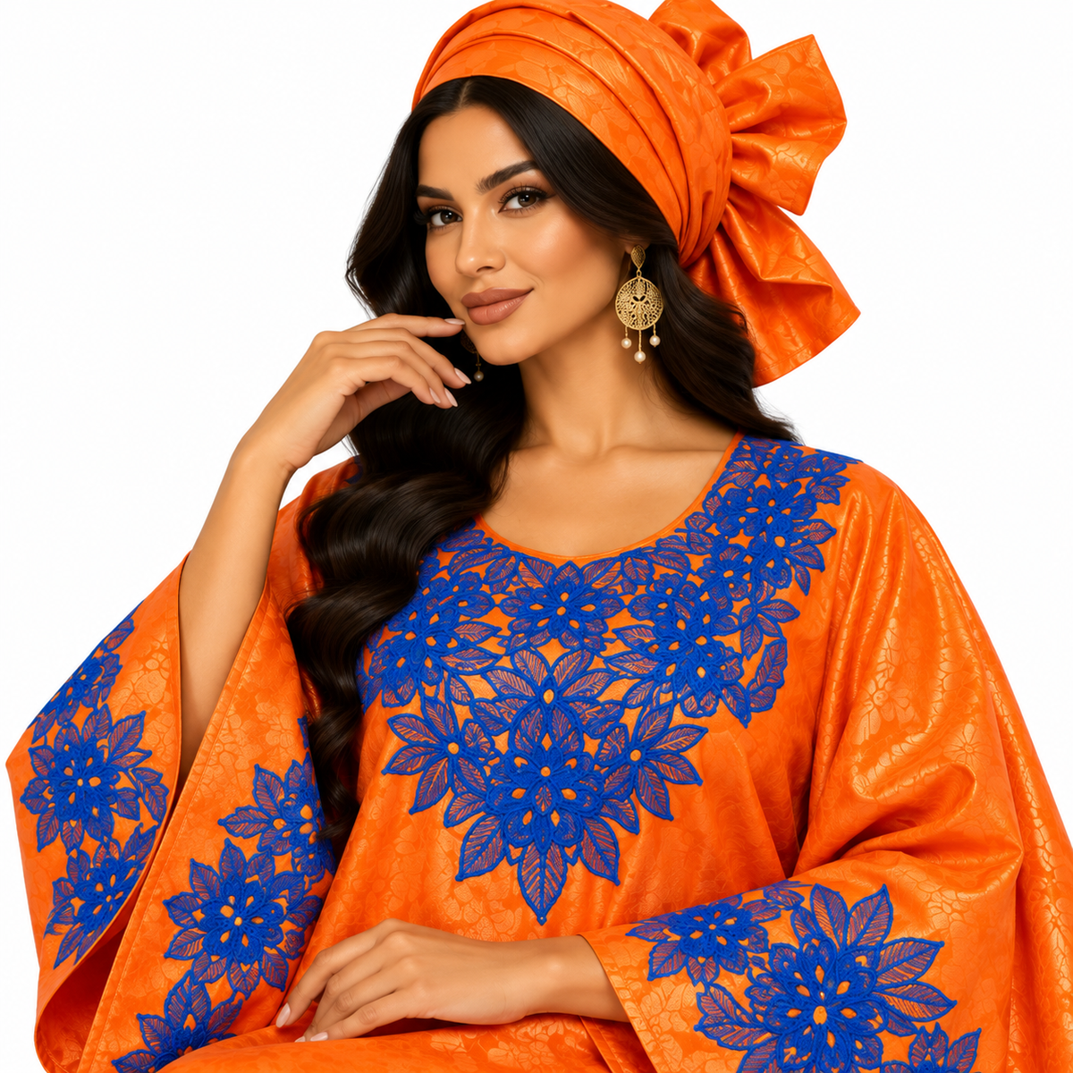 Orange Blue Embroidered Luxury Kaftan-4