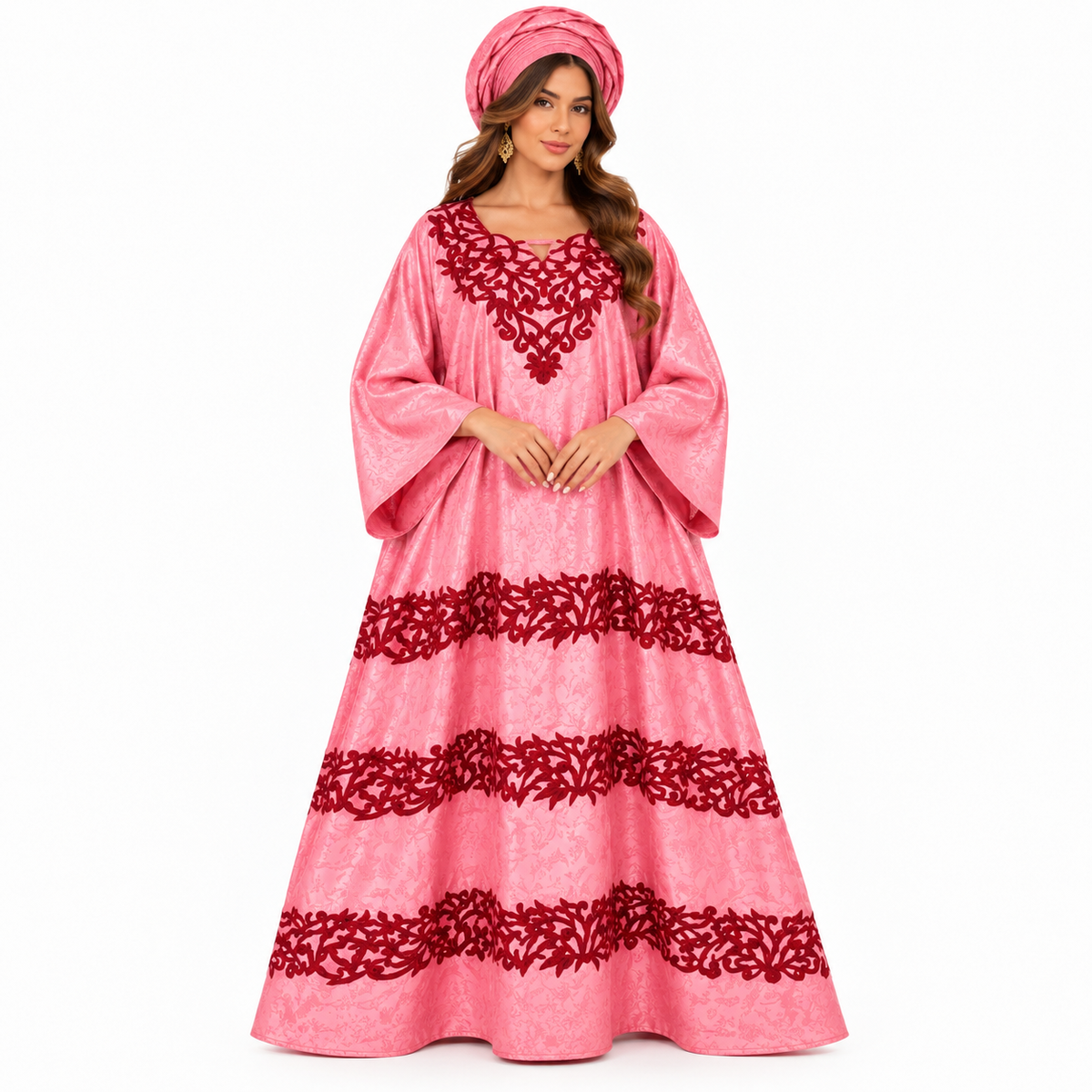 Pink Burgundy Embroidered Flowing Women’s Kaftan-1