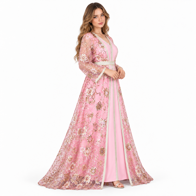Elegant Pink Floral Sequin Embroidered Kaftan-3