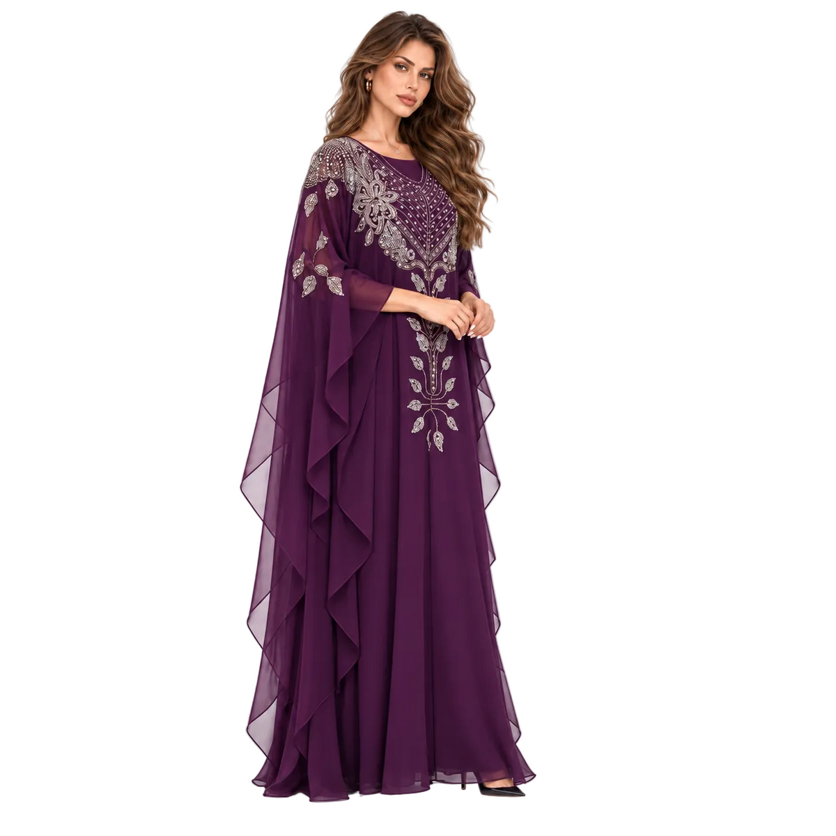 Purple Embellished Chiffon Kaftan Evening Dress-2