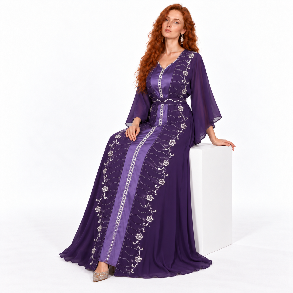 Elegant Purple Floral Embroidered Kaftan Lebaran-3