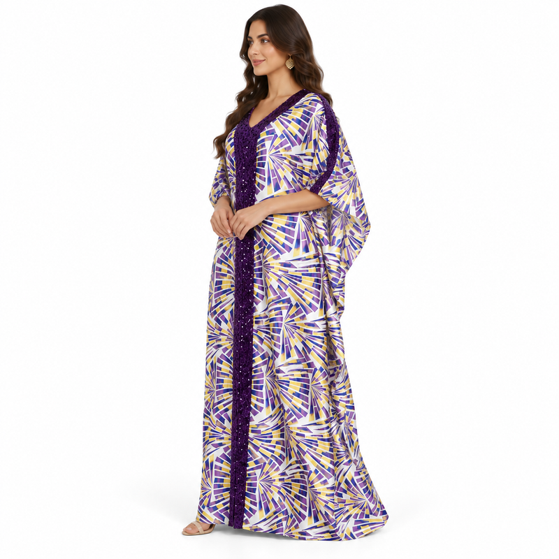 Purple Gold Geometric Sequin Flowing Kaftan-2