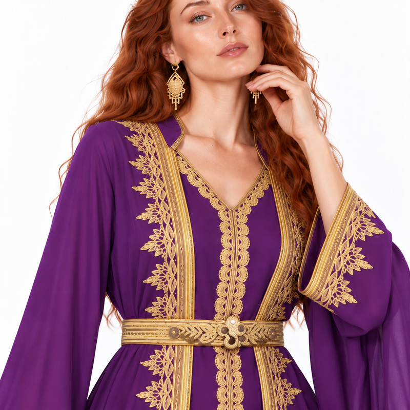 Elegant Purple Gold Embroidered Lebaran Kaftan-4