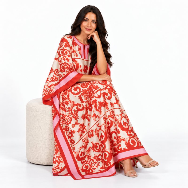 Elegant Red Floral Printed Satin Kaftan-3