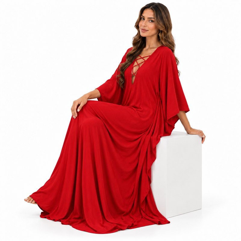 Red Lace-Up Flowing Kaftan Maxi Dress-2