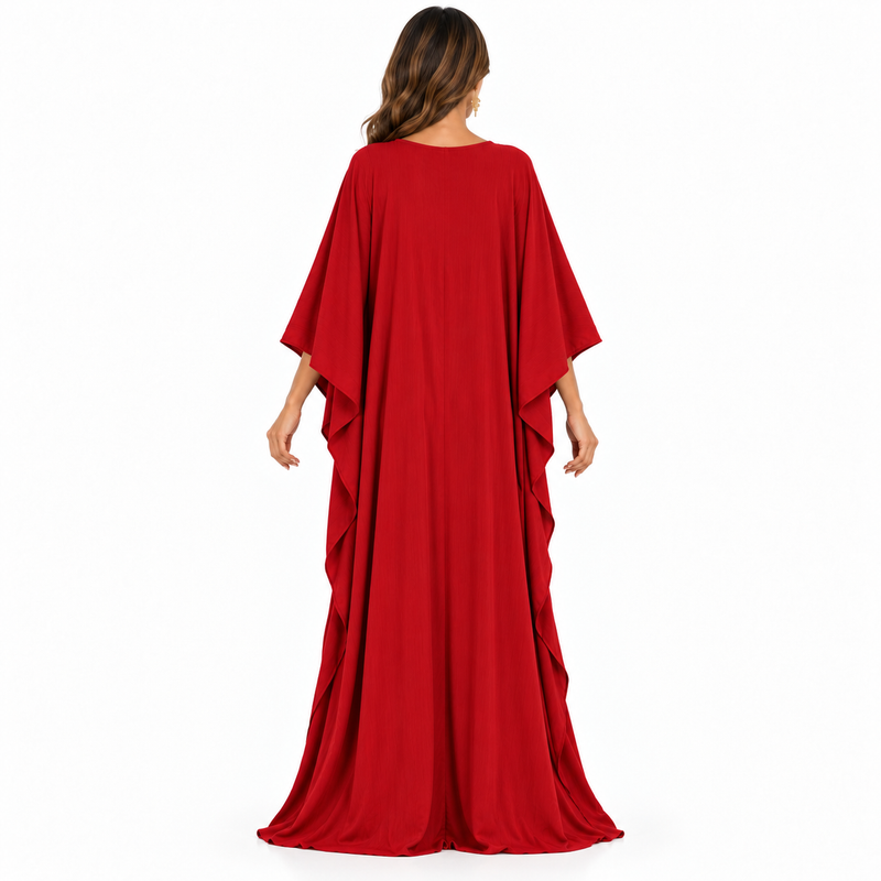 Red Lace-Up Flowing Kaftan Maxi Dress-4