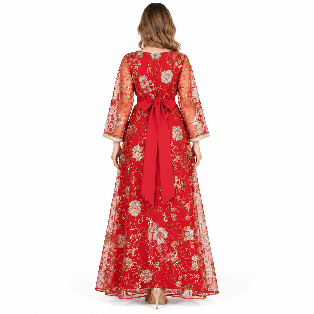 Elegant Red Floral Sequin Embroidered Kaftan-4