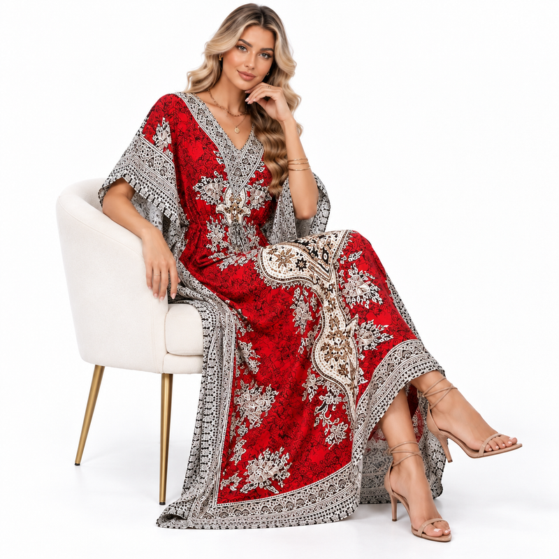 Red Ornate Paisley Printed Modern Kaftan-2
