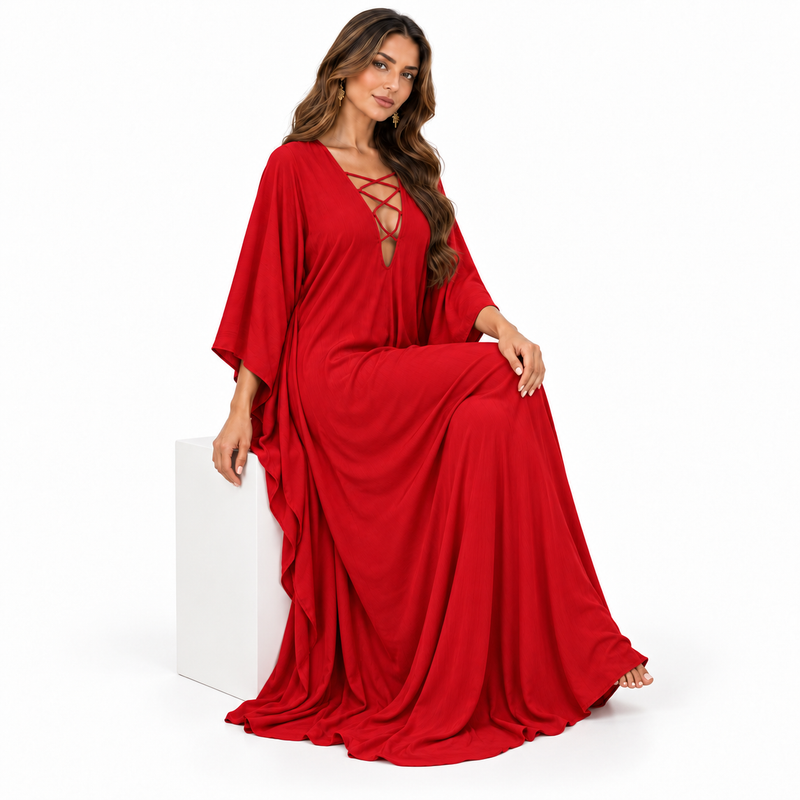 Red Lace-Up Flowing Kaftan Maxi Dress-3
