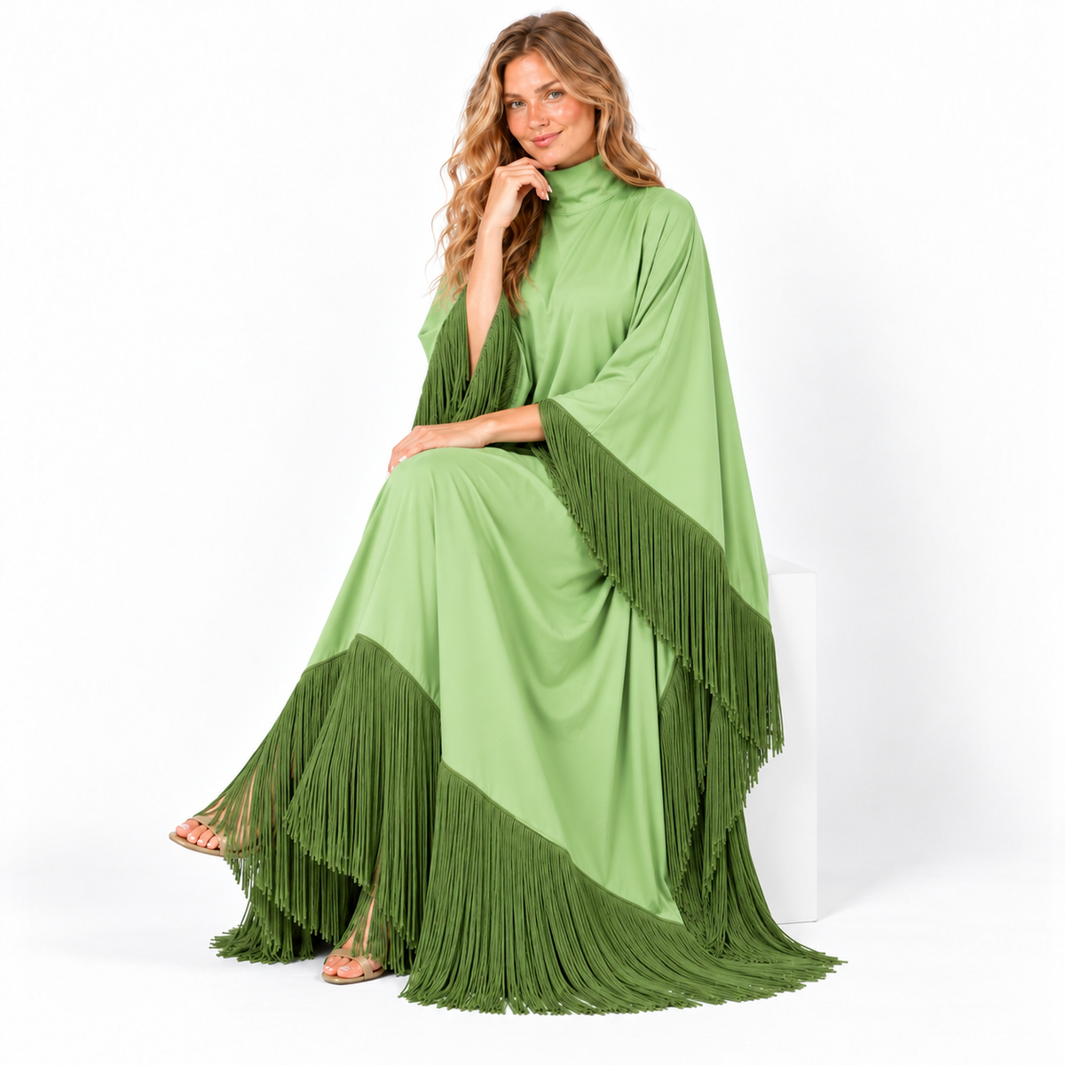 Light Green Elegant Fringe Detail Kaftan-3