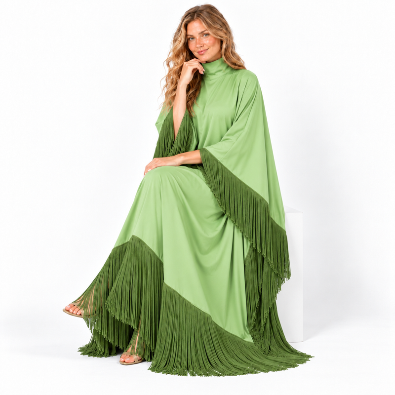 Light Green Elegant Fringe Detail Kaftan-3