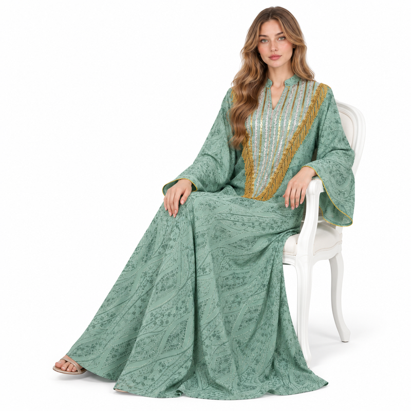 Elegant Mint Green Gold Sequin Kaftan-2