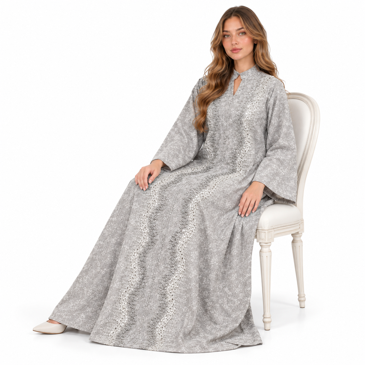 Elegant Silver Grey Embroidered Sequin Kaftan-2