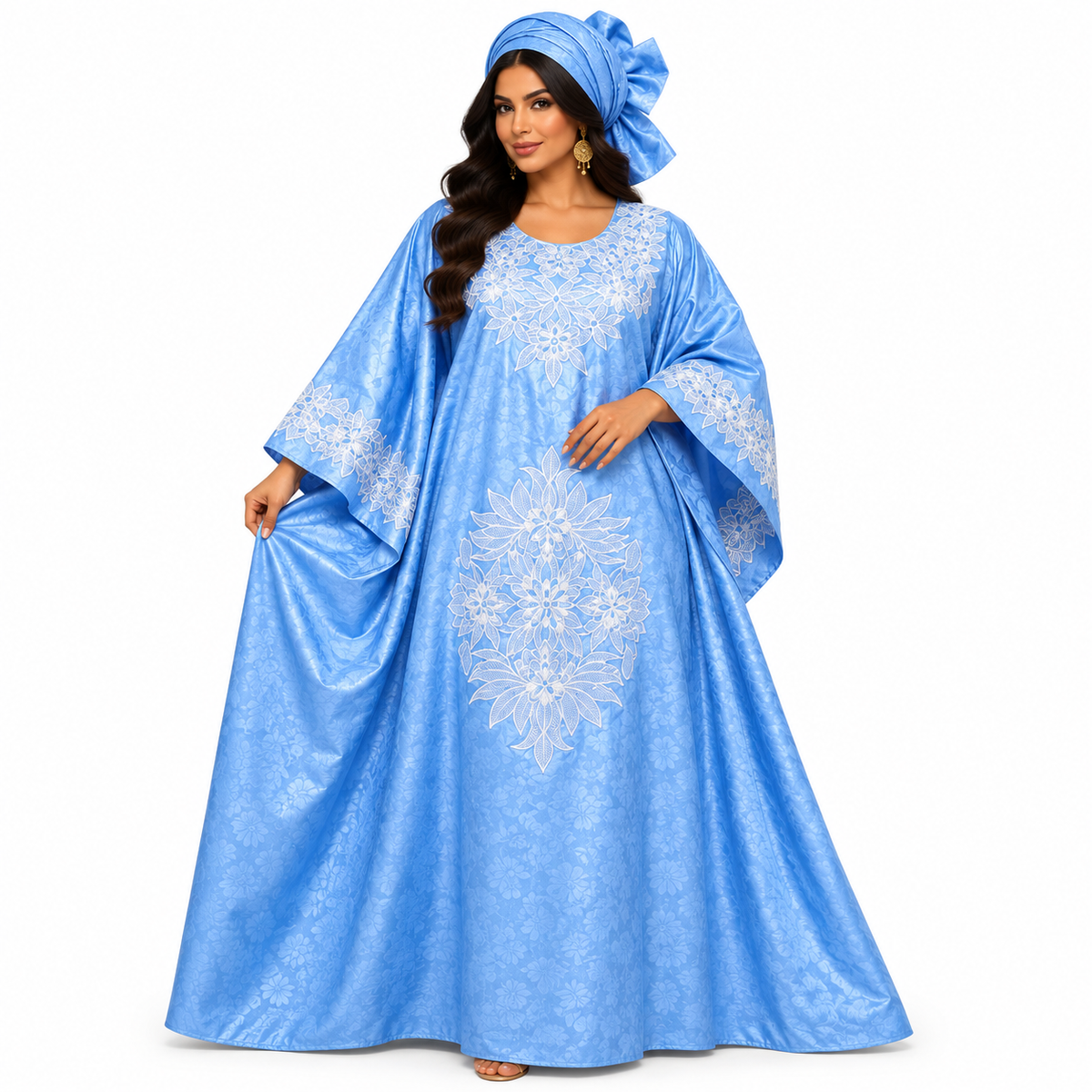 Sky Blue White Embroidered Baju Kaftan