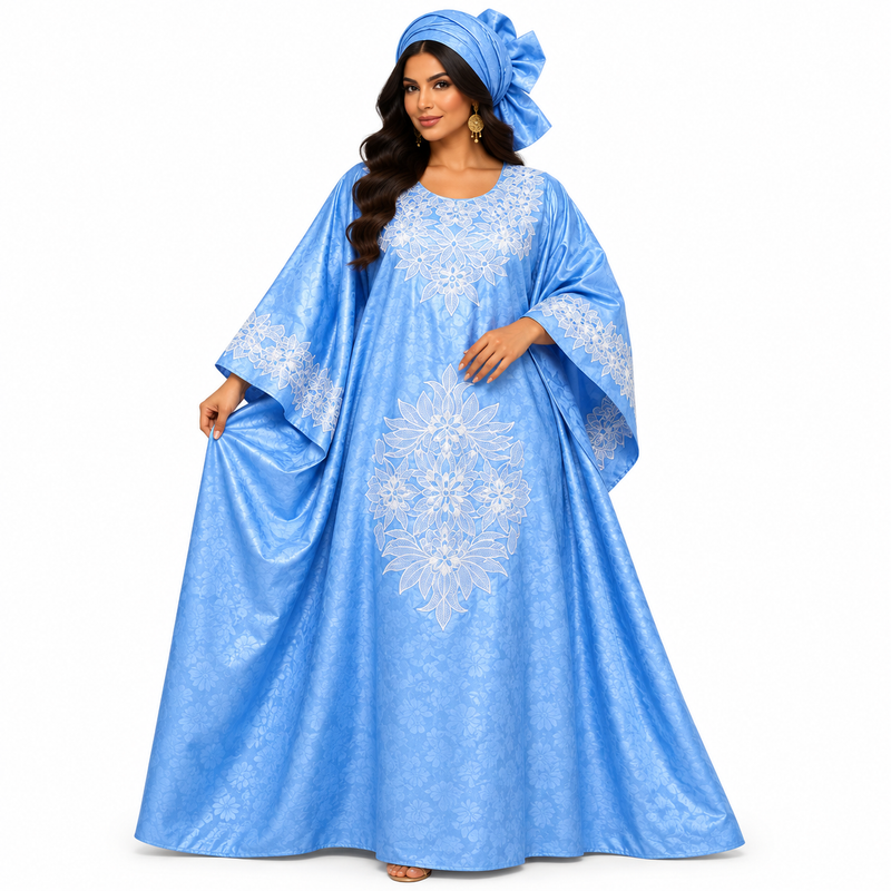Sky Blue White Embroidered Luxury Kaftan-1