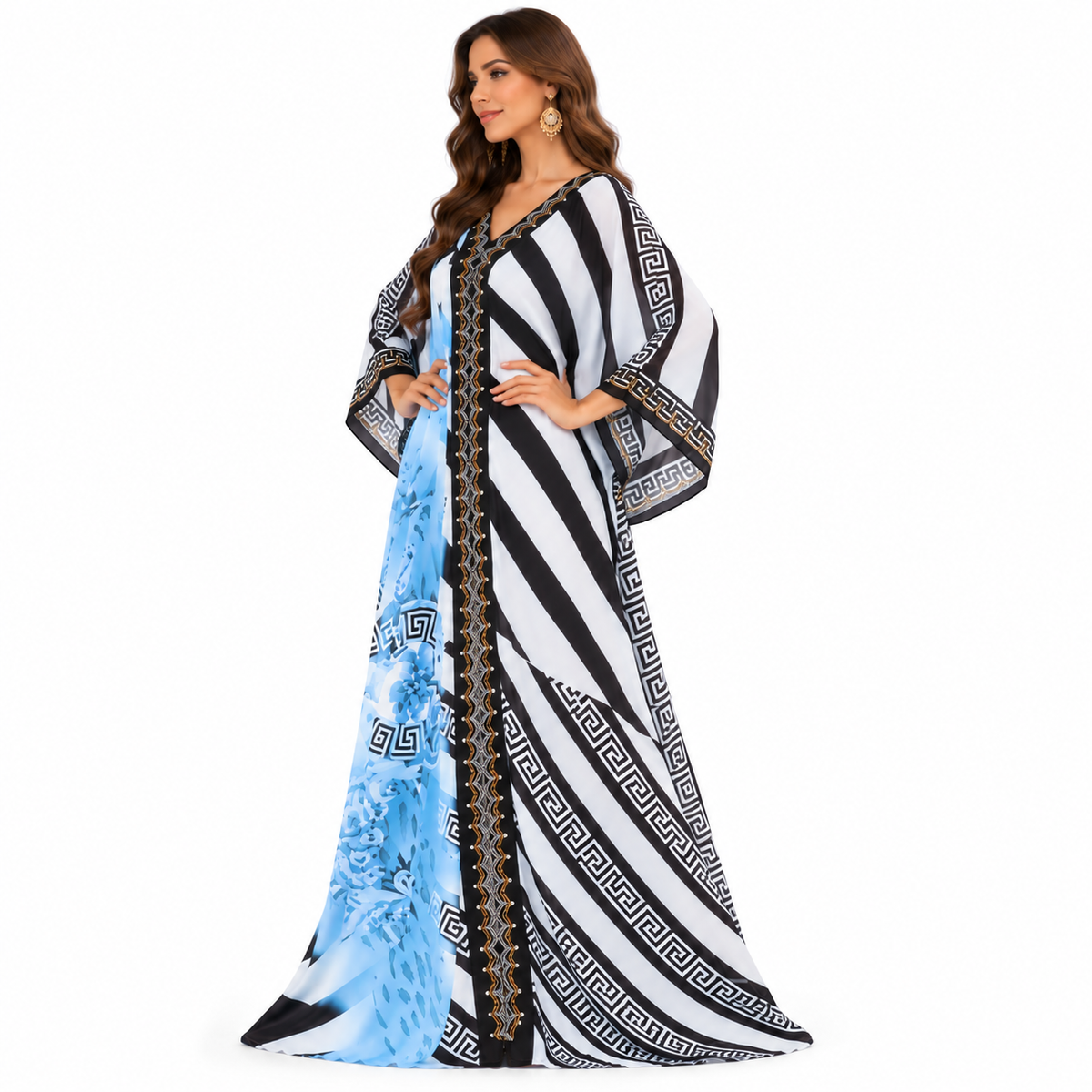 Blue Geometric Floral Luxury Kaftan Dress-3