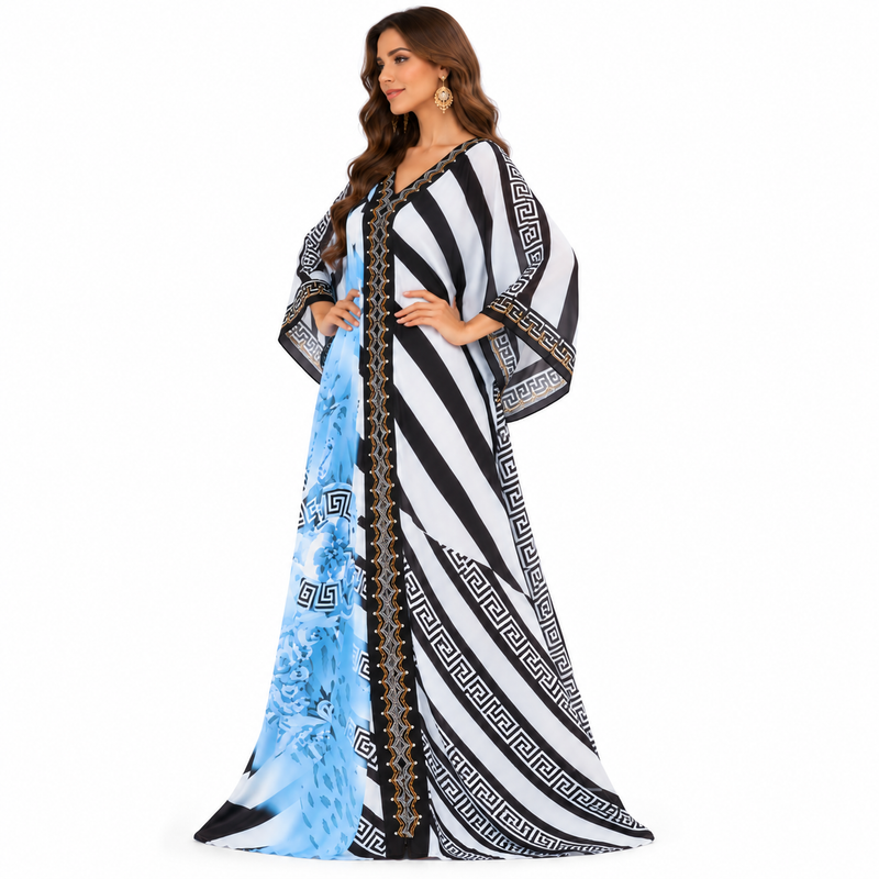 Blue Geometric Floral Luxury Kaftan Dress-3