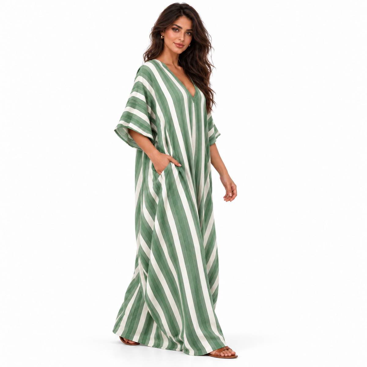 Elegant Green Striped Linen Kaftan Dress-3