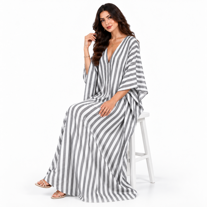Elegant Grey White Striped Maxi Kaftan-2