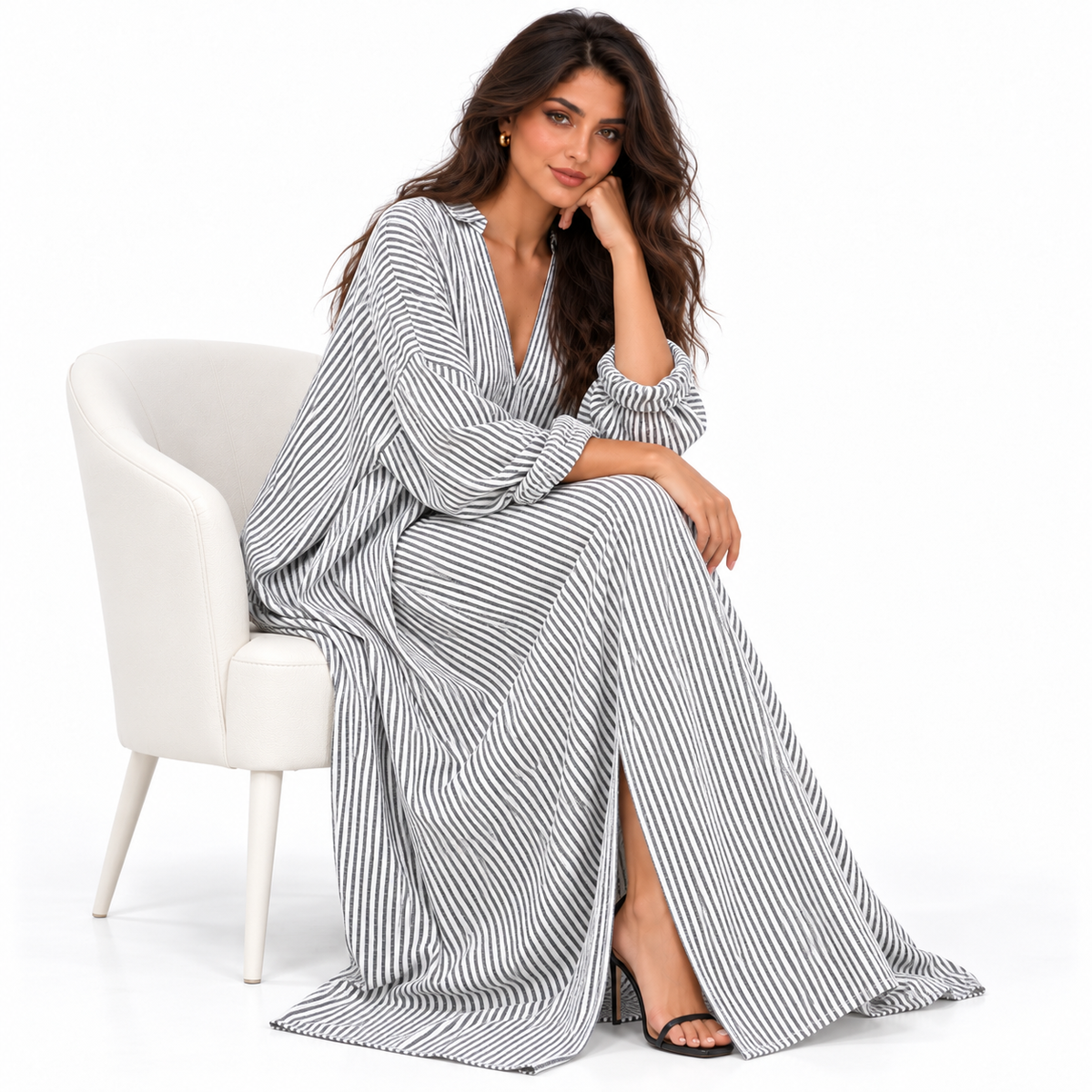 Elegant Grey Striped Cotton Linen Kaftan-3